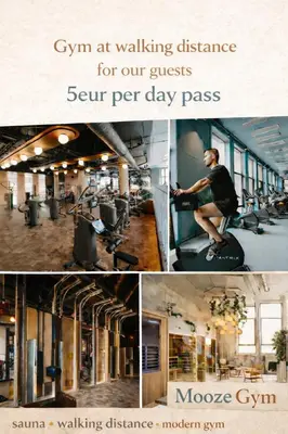 a collage of photos of a gym with a man sitting on a exercise bike at Cityview Modern Apartment with Balcony in Antwerp