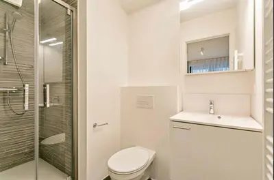 a white bathroom with a toilet and a shower at Furnished 2 Bedroom Apartment in City Center in Brussels