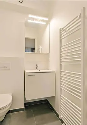 a white bathroom with a sink and a toilet at Furnished 2 Bedroom Apartment in City Center in Brussels