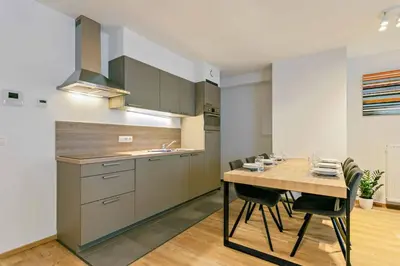a kitchen with a table with chairs and a sink at Furnished 2 Bedroom Apartment in City Center in Brussels