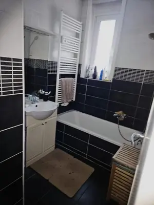 a black and white bathroom with a sink and a tub at Luxurious 4 in Brussels