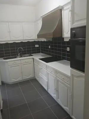 a kitchen with white cabinets and black appliances at Assenaar in Asse