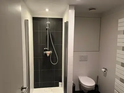a bathroom with a shower and a toilet at Brussels studio in Brussels
