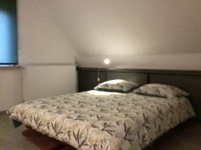 a bedroom with a large bed in a room at Cosy attic apartment, terrace, 1 bedroom, double bed for 2 plus single bed if 3 guests in Buggenhout