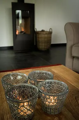 four bowls on a table in front of a fireplace at Geestmolenhof 2 in Holsbeek