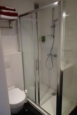 a bathroom with a shower and a toilet at Geestmolenhof 2 in Holsbeek