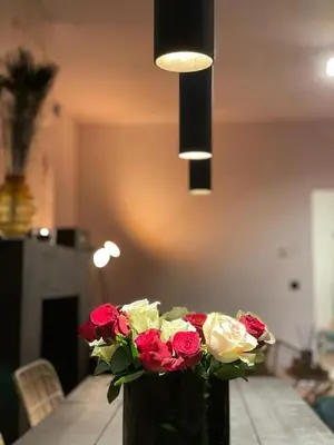 a vase filled with roses sitting on a table at The Green Gatsby in Antwerp