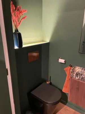 a bathroom with a black toilet and a vase on a shelf at The Green Gatsby in Antwerp