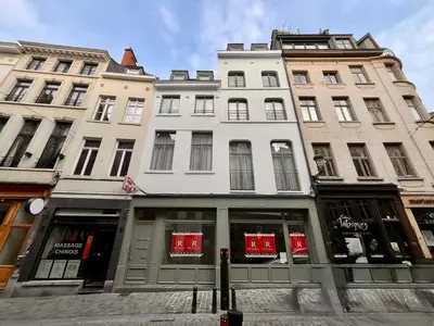 a tall white building with windows on a street at Chapeliers 34 in Brussels