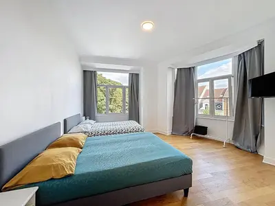 a bedroom with a large bed and two windows at City Brussels 5 in Brussels