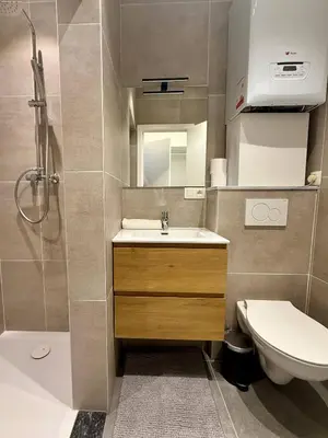 a bathroom with a sink and a toilet and a shower at Urban Nest - Brussels in Brussels