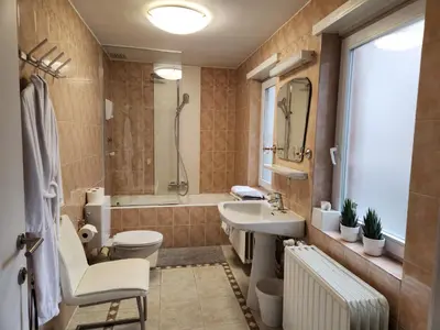 a bathroom with a sink and a toilet and a tub at Albert 2 - Basic Room in Mechelen