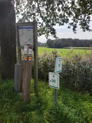 a parking meter and a sign in the grass at White Box in Gierle