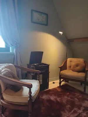 a living room with two chairs and a piano at Via Caput in Lokeren